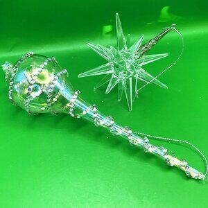 Pair Clear Glass Ornaments Silver Filigree Star Icicle Vintage Elegant Holiday